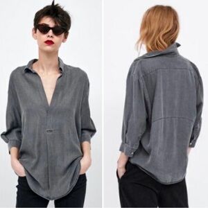 Zara Gray Chambray Lyocell Popover V-Neck Top, Size Small
